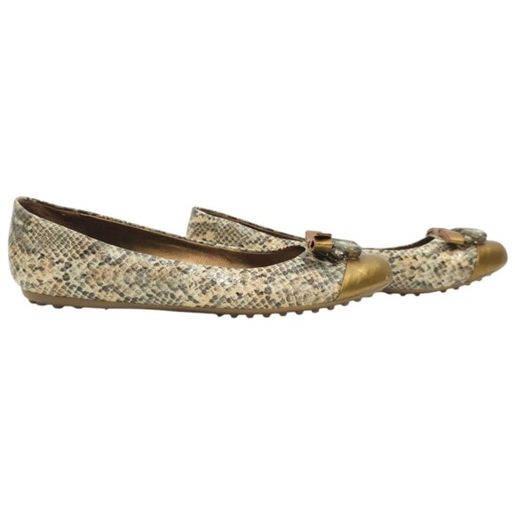 Libby Edelman Snakeskin Print Flats Women 8.5 M Golden Bronze Bow Toe Rhinestone - Picture 2 of 16